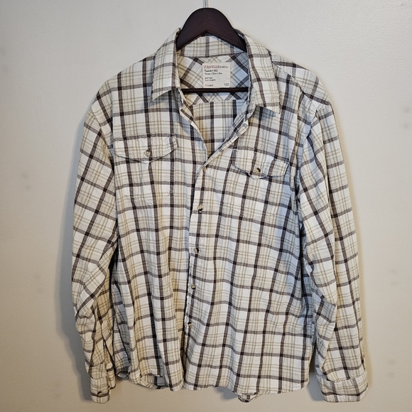 Wrangler Plaid Button-Up Shirt White Brown Tan Casual Neutral Classic - Picture 1 of 7